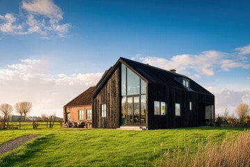 Obraz premium Modern black wooden house in a tranquil countryside setting with large windows reflecting the blue sky and green fields in the late afternoon light