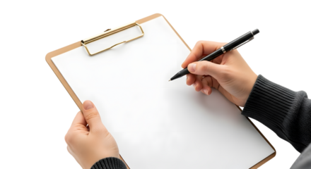 Person's Hands Holding Clipboard and Writing with Pen on White Paper graphic design isolated on a transparent background