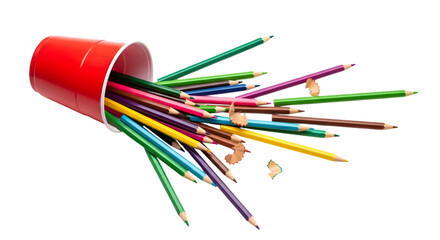 Red Cup Spilling Colorful Pencils and Pencil Shavings on Black Background colored pencils isolated on a transparent background