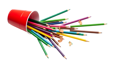 Red Cup Spilling Colorful Pencils and Pencil Shavings on Black Background colored pencils isolated on a transparent background