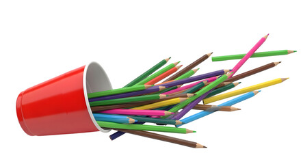 Red cup spilling colorful pencils onto a black background colored pencils art supplies isolated on a transparent background
