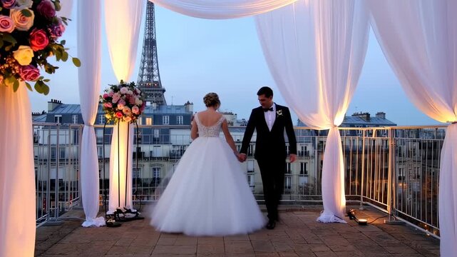 Romantic Wedding Celebration in Paris with Eiffel Tower View at Sunset time