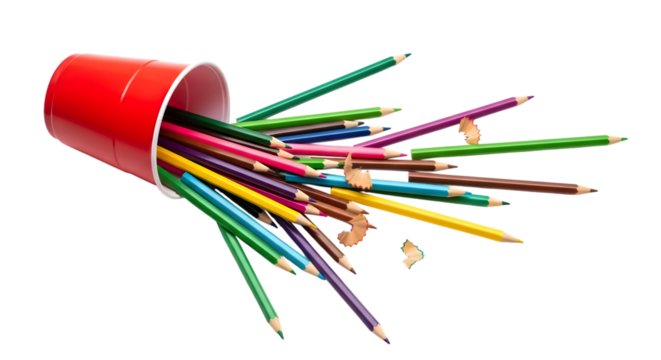 Red Cup Spilling Colorful Pencils and Pencil Shavings on Black Background colored pencils isolated on a transparent background - Powered by Adobe