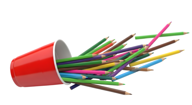 Red cup spilling colorful pencils onto a black background colored pencils art supplies isolated on a transparent background - Powered by Adobe