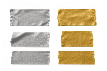 Set of metallic silver and gold adhesive strips, torn masking paper tape adding texture to designs, transparent background