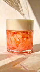 Pink cosmetic cream in a jar, soft light