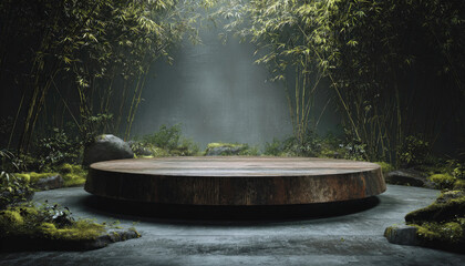 Circular wooden podium in a serene bamboo forest with mystical lighting.