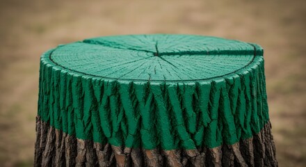 A close-up view of a tree stump that has been painted green on the top surface, situated outdoors on a natural ground surface