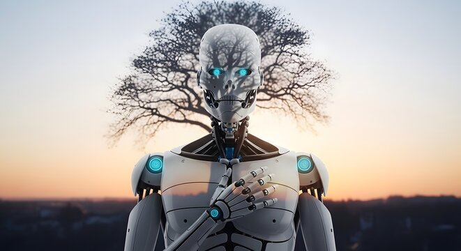 A humanoid robot with a skeletal face and glowing blue eyes stands outdoors during sunset, with a large tree in the background, symbolizing technology and nature integration