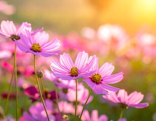 Pink cosmos flowers in a field at sunrise