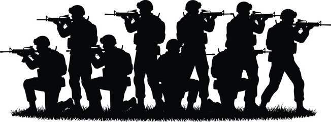 Group of armed soldier silhouettes standing and kneeling in tactical formation, military combat team illustration for defense, security, battlefield concept