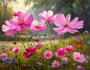 Pink cosmos in a sunlit meadow