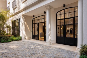 Modern entrance to a stylish building with natural light in an urban setting, showcasing sleek black doors and elegant architecture on a sunny day