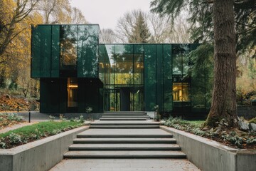Fototapeta premium A contemporary glass house nestled within a serene forest landscape, featuring steps that gracefully guide visitors to the entrance, all enveloped by the vibrant hues of autumn foliage