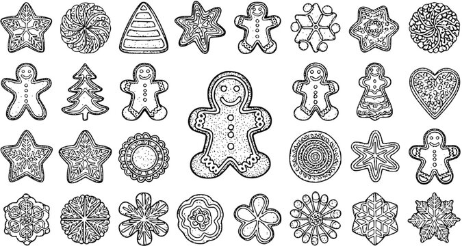 Detailed collection of Christmas gingerbread cookies and festive treats, hand-drawn in vintage engraving style, perfect for holiday season design and coloring pages. - Powered by Adobe