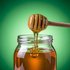 A close-up shot of golden honey being poured from a wooden honey dipper into a glass jar against a vibrant green background