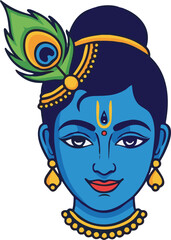 Lord Krishna smiling serenely with peacock feather adorning his head, radiating divine peace and spiritual enlightenment in a vibrant portrayal of Hindu deity.