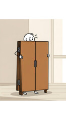 Worried cartoon character peeking from behind a wooden wardrobe, depicting hiding, shyness, or surprise.