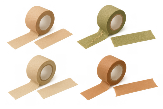 Crafting and diy project supplies with rolls of eco-friendly paper tape in natural colors, sticky masking tape collection