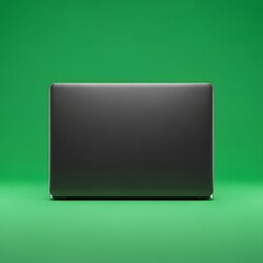 A sleek, closed laptop with a smooth surface placed on a vibrant green background, highlighting modern technology and minimalistic design elements