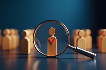 Magnifying glass highlights one wooden figure with red checkmark, symbolizing selection or approval among many identical figures.