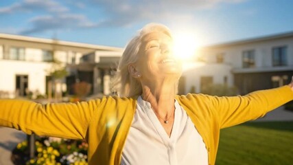 A vibrant senior woman embraces the warmth of the sun, radiating pure joy and contentment with her arms outstretched in an expansive outdoor setting. Her eyes are closed in serene appreciation as gold