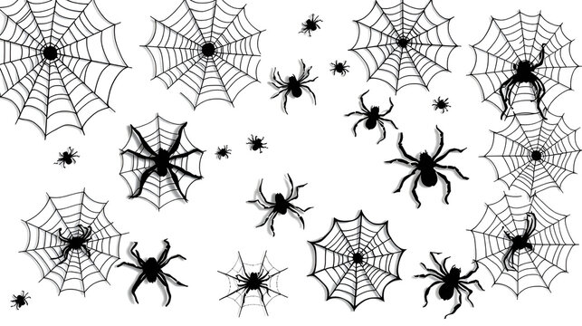 Halloween spider web silhouettes collection with creepy corner cobwebs on white background