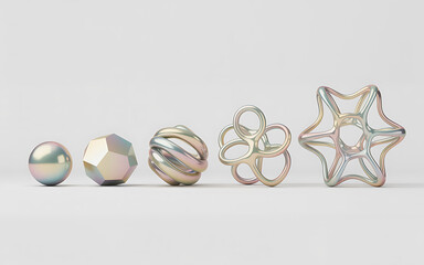 Five abstract metallic sculptures arranged in a line on a white background