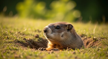 Groundhog peeking from burrow in sunny green grass.