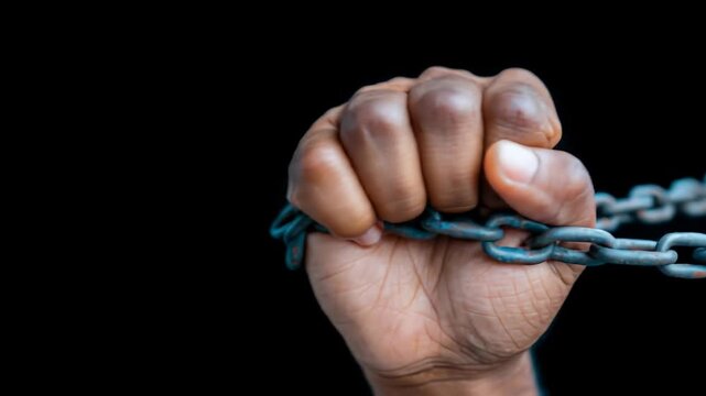 Strong fist gripping metal chain against dark backdrop visual concept for power and determination