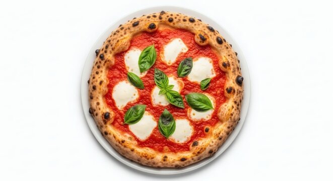 Overhead shot of authentic Neapolitan pizza with mozzarella di bufala and basil.