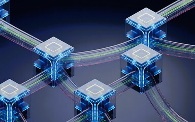 Abstract digital network of glowing blue cubes and circuits