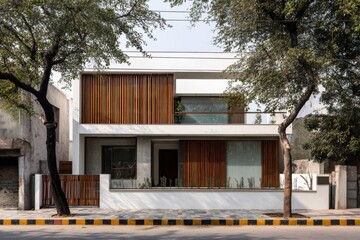 Modern residential building showcasing minimalist architecture with wooden slats, located in an urban neighborhood, surrounded by lush trees in broad daylight