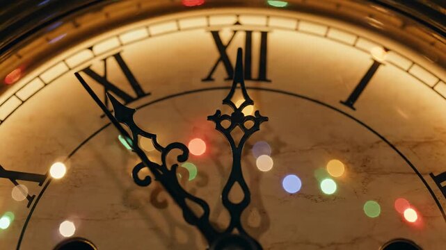 4K cinemagraph: vintage clock countdown to midnight on New Year's Eve, with bokeh lights