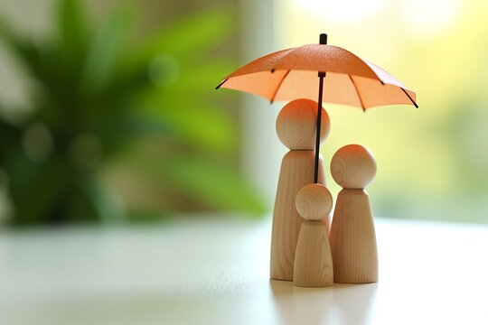 Wooden family under orange umbrella, sunlit background. Symbolic representation of protection and unity in a serene setting.