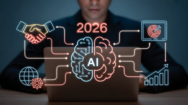 Artificial intelligence in 2026 with digital brain connected to multiple business functions
