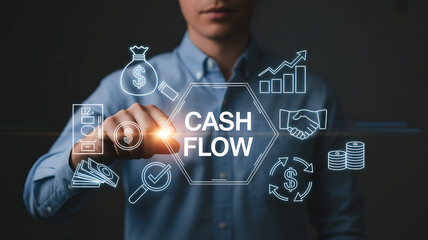 Man pointing at cash flow concept with financial icons business investment strategy