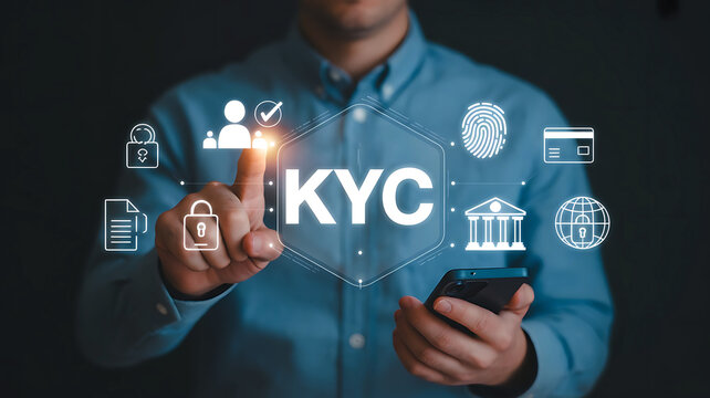 KYC verification concept with man touching screen and online security symbols
