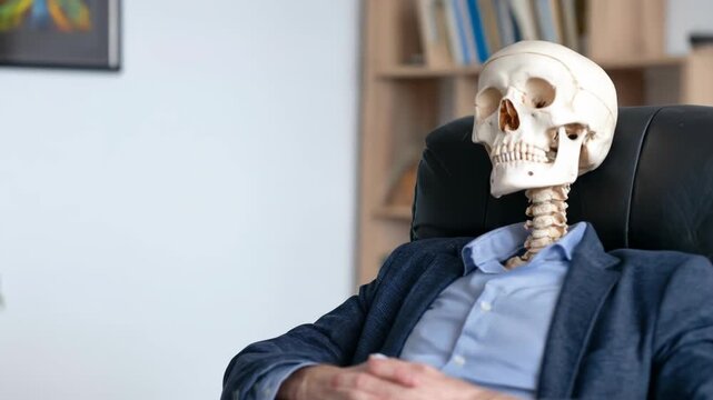 Skeleton sitting in office chair waiting for results or deadline concept