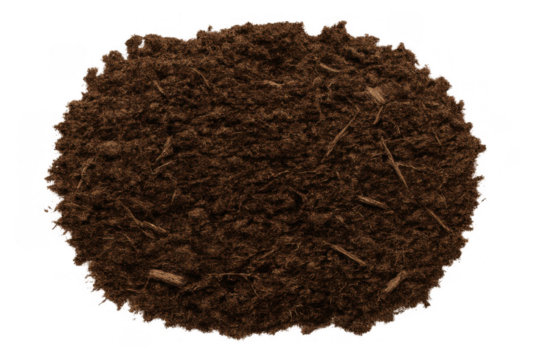 Pile of organic garden soil viewed from above on transparent background, rich brown topsoil material