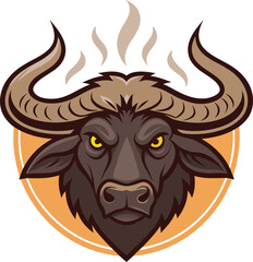 Powerful Bull Head Mascot Illustration with Intense Gaze and Steaming Horns Displaying Ferocious Spirit