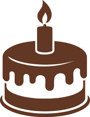 Chocolate birthday cake icon with lit candle, dessert graphic for party celebration design