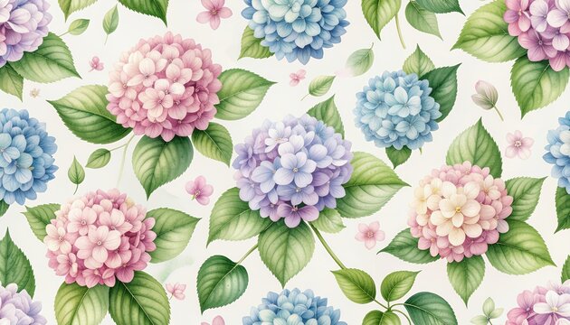 Seamless Hydrangea Pattern - Delicate Floral Design with Pink, Blue, and Purple Blooms.