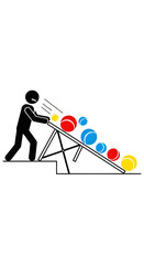Stick figure pushes lever, setting colorful balls in motion down a ramp. Effort, cause and effect, simple physics concept.