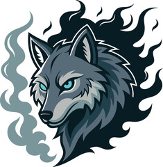 Fierce gray wolf head with captivating blue eyes, an intense illustration embodying untamed spirit and powerful mystique amidst swirling smoke and dark flames