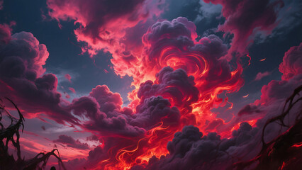 A vibrant sky filled with red and purple clouds creating a dramatic and fiery atmosphere at twilight