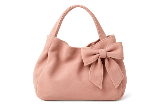 Pink suede handbag featuring a decorative bow, modern fashion accessory for women on transparent background