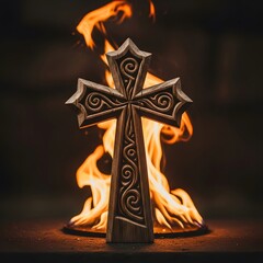 A decorative wooden cross with intricate carvings standing in front of a vibrant fire, creating a dramatic and symbolic visual scene