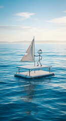Fototapeta premium Stick figure sailing a small raft on a calm blue ocean, symbolizing adventure, freedom, and new beginnings.