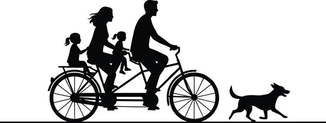 Obraz premium Family tandem bike, outdoor activity, black and white art, parent-child ride, dog running, silhouette scene, bonding moment, recreation, togetherness, motion